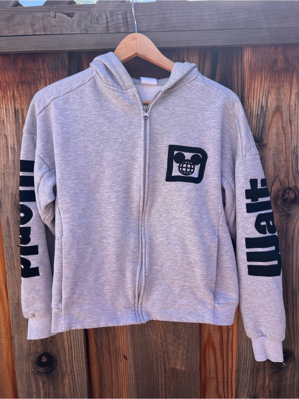Disney Gray Zip-Up Hoodie with Black Logo and Sleeve Text